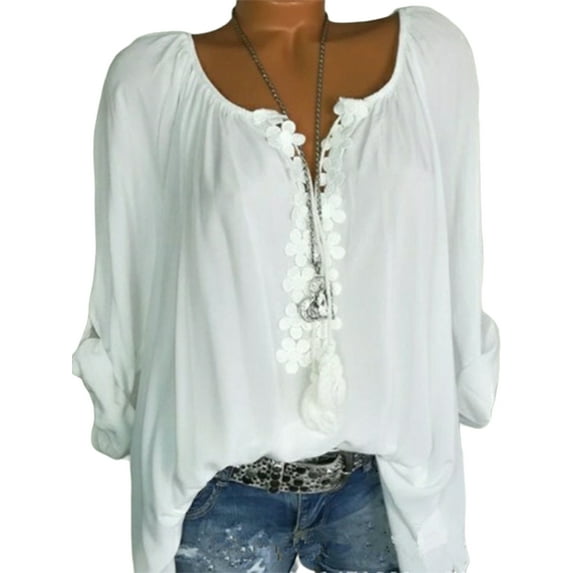 WISEFIN Women Plus Size T-Shirt Casual Lace Stitching Long Sleeve Solid Color Relaxed Fit Blouse Tops