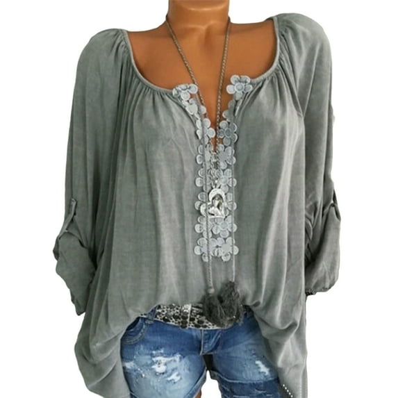 WISEFIN Women Plus Size T-Shirt Casual Lace Stitching Long Sleeve Solid Color Relaxed Fit Blouse Tops