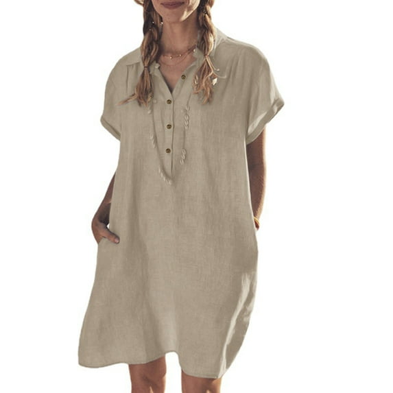 WISEFIN Women Pocket Short Sleeve Solid Color Cotton Linen A-Line Dress Plus Size M-5XL
