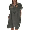 thumbnail image 1 of WISEFIN Women Pocket Short Sleeve Solid Color Cotton Linen A-Line Dress Plus Size M-5XL, 1 of 4