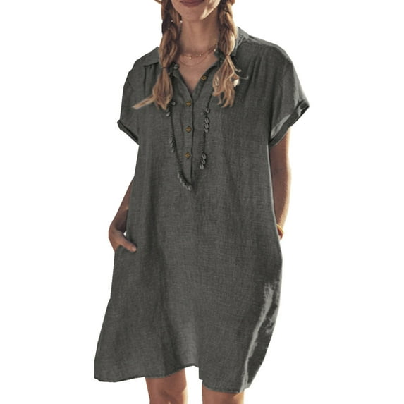 WISEFIN Women Pocket Short Sleeve Solid Color Cotton Linen A-Line Dress Plus Size M-5XL