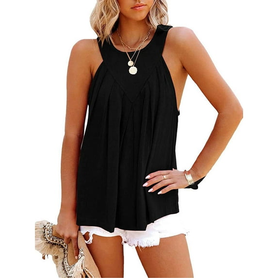 WISEFIN Women Relaxed Fit Solid Pleated Round Neck Camisole Wide Straps Casual Tank Tops