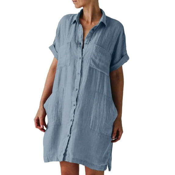 WISEFIN Women Solid Color Button Short Sleeve Cotton Linen Shirt Dress Plus Size M-5XL