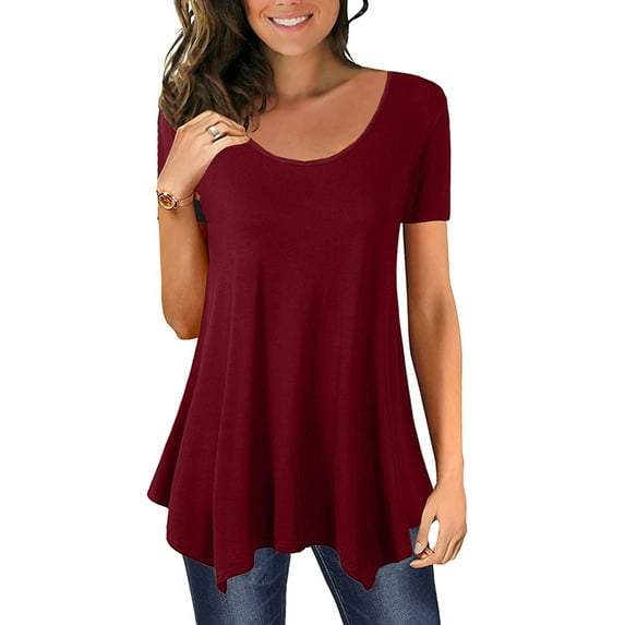 WISEFIN Women Solid Color Irregular Hem Pleated Short Sleeve Round Neck Casual T-Shirt