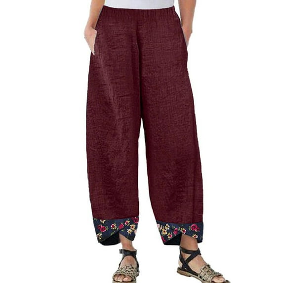 WISEFIN Women's Casual Plus Size XS-5XL Floral Mid Waist Relaxed Fit Cotton Linen Pants