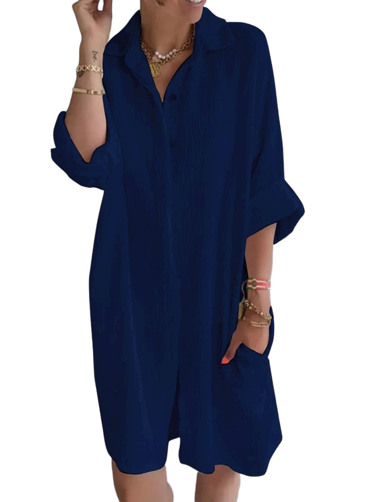 Women'S Casual Solid Color Loose Cotton And Linen Dress