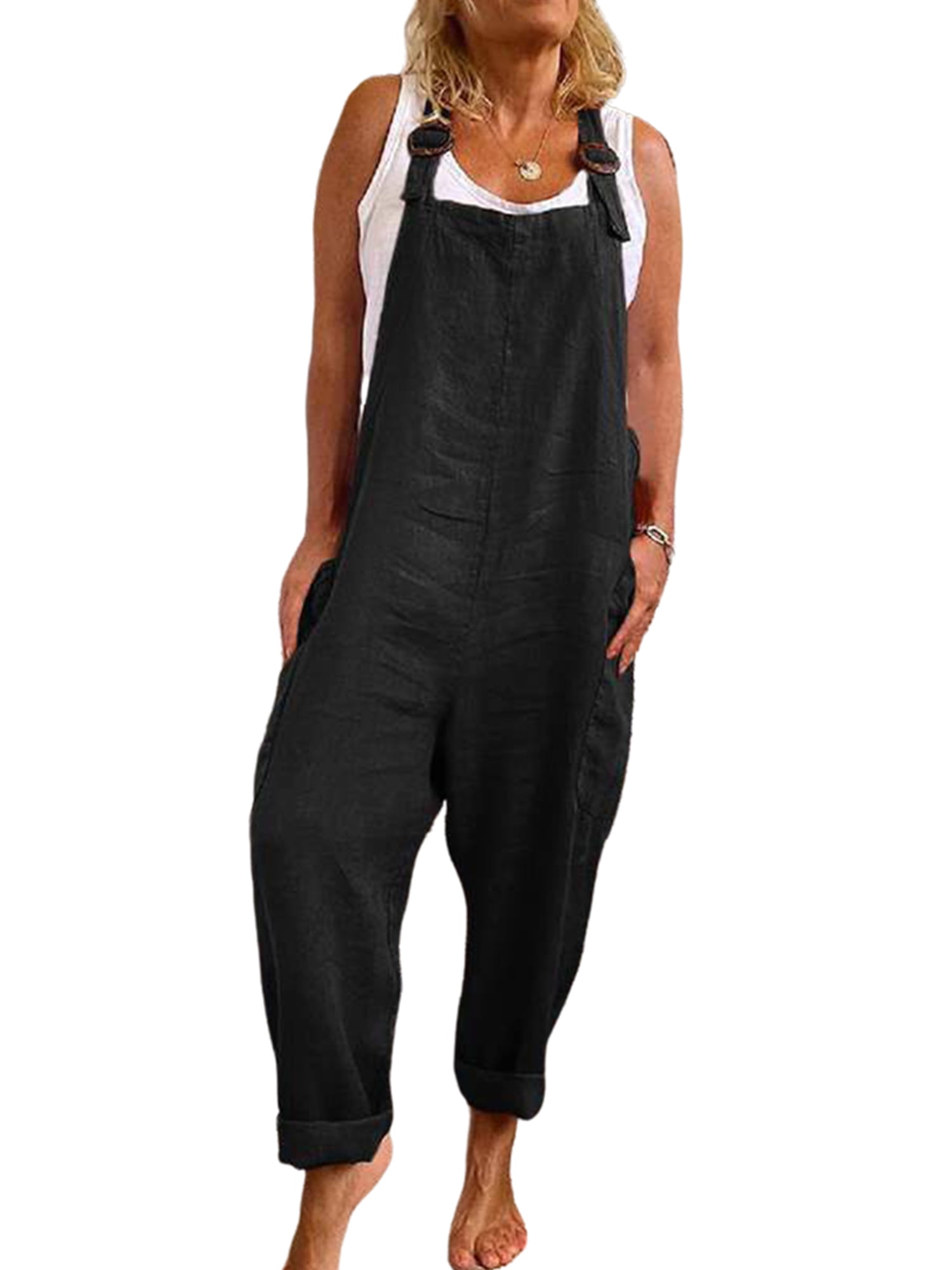 WISEFIN Women's Plus Size Bib Pant Pockets Relaxed Fit Cotton Linen OnePiece Jumpsuits
