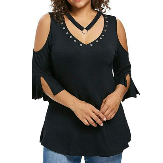 WISEFIN Womens Casual V-Neck Cold Shoulder Short Sleeve Pure Color Pullover Blouse Plus Size