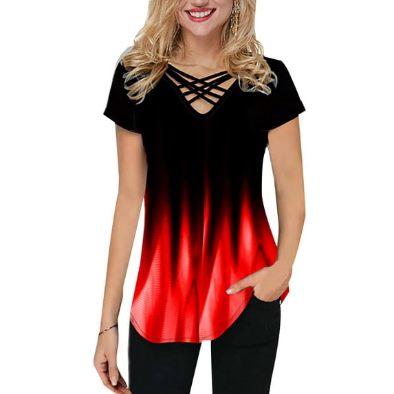 WISEFIN Womens Gradient Print Short Sleeve V-Neck Criss Corss T-Shirt Blouse Tops