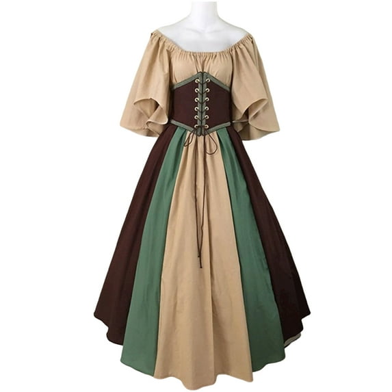 WISEFIN Womens Medieval Retro Stitching Flying Sleeves Tie Waist Gothic Mid-Calf Dresses