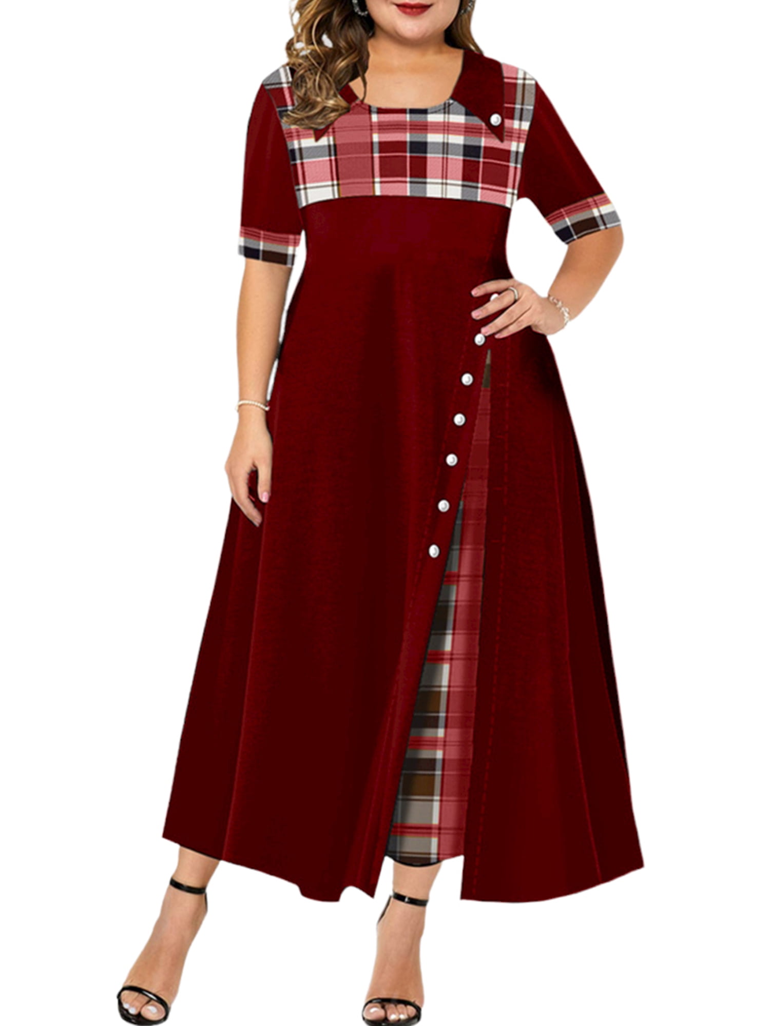 WISEFIN Womens Plus Size Dress Plaid Short Sleeve Elegant Vintage Wisefin womens plus size dress plaid short sleeve elegant vintage
