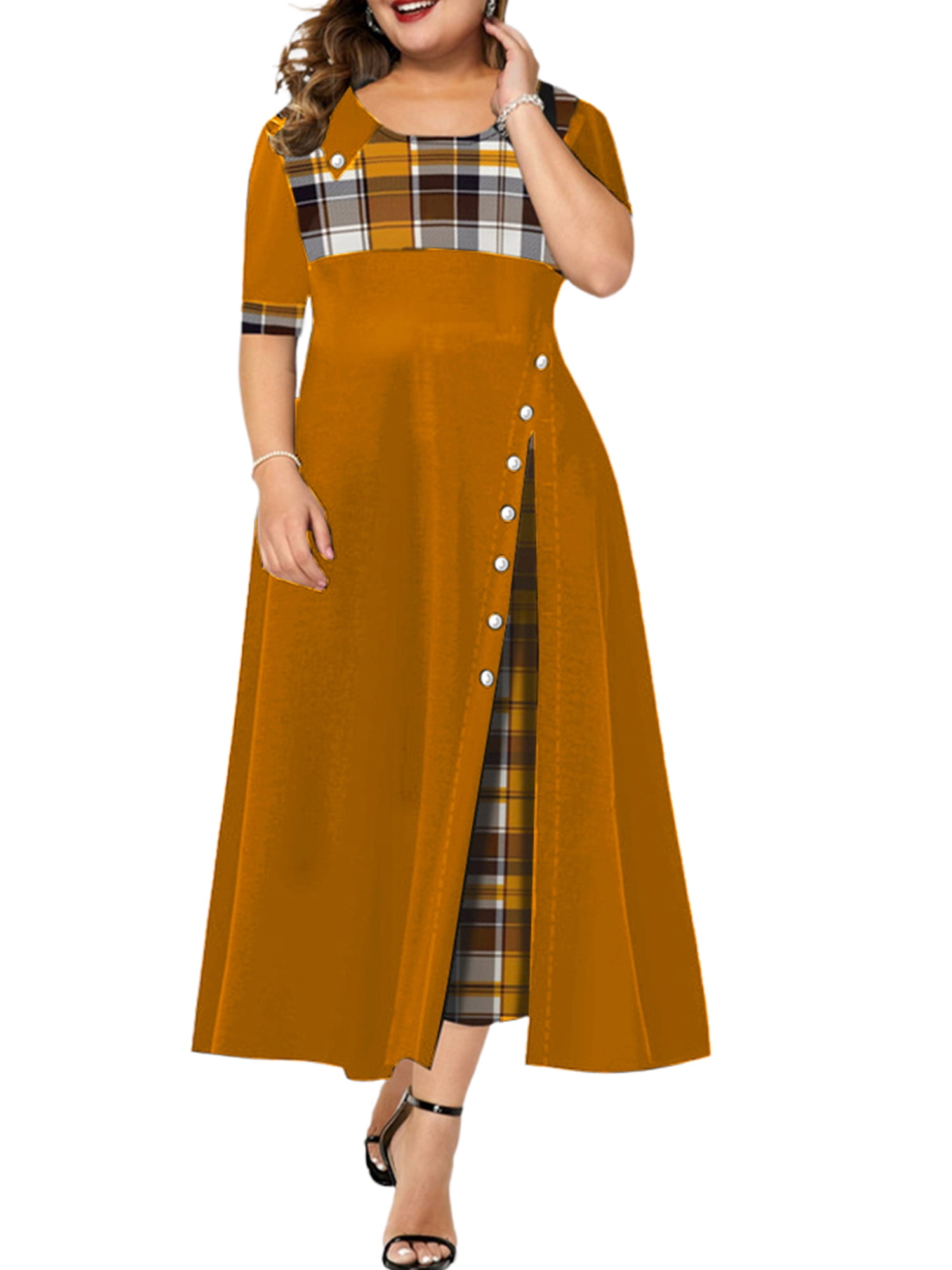 WISEFIN Womens Plus Size Dress Plaid Short Sleeve Elegant Vintage Wisefin womens plus size dress plaid short sleeve elegant vintage