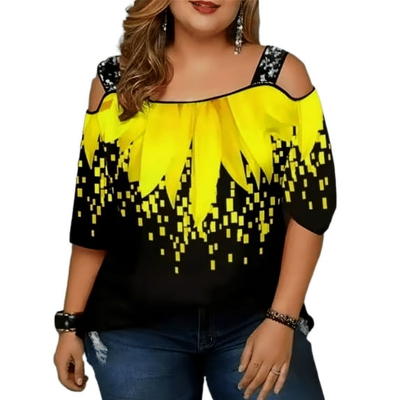 WISEFIN Womens'Plus Size Gradient Floral Print Sexy Off-the-Shoulder Half Sleeve Sequins Loose Blouse Tops