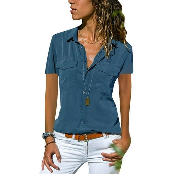 WISEFIN Womens Solid Color Short Sleeve Button Down T-Shirt Collared Blouse Tops