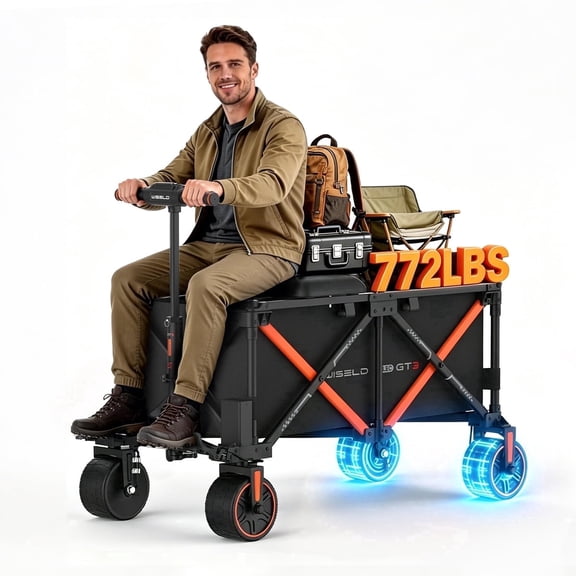 WISELD GT3 Electric Wagon Cart with Seat for Adults, Rideable & Tow-Assist Foldable Motorized Utility Wagon, 1500W Heavy Duty Power Hauler, 551 Lbs Load, for Camping, Farm, Property & Trade Show