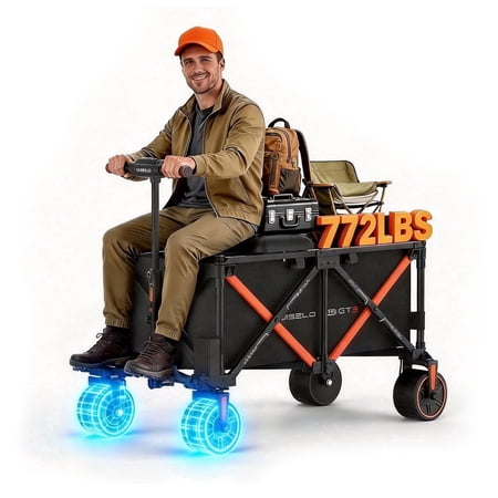 WISELD GT3 Electric Wagon Cart with Seat for Adults, Rideable & Tow-Assist Foldable Motorized Utility Wagon, 1500W Heavy Duty Power Hauler, 551 Lbs Load, for Camping, Farm, Property & Trade Show