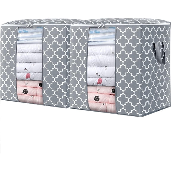 WISELIFE Storage Bags [3 Pack/100L] Large Blanket Clothes Organization and Storage Containers for Comforters,Bedding, Foldable Organizer with Reinforced Handle, Clear Window, Sturdy Zippers,Gray