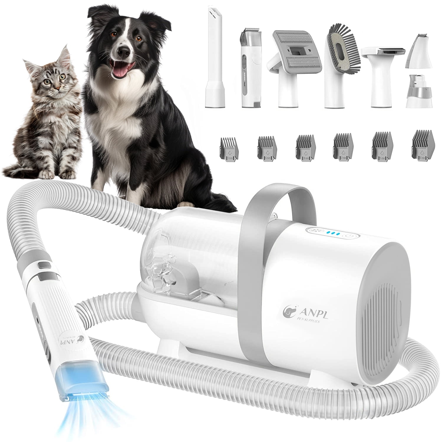 WISEPRO 1.5L Pet Grooming Kit with Pet Hair Collection Box Vacuum Suction 99 6 Pieces Shedding Tools for Dogs and Cats White