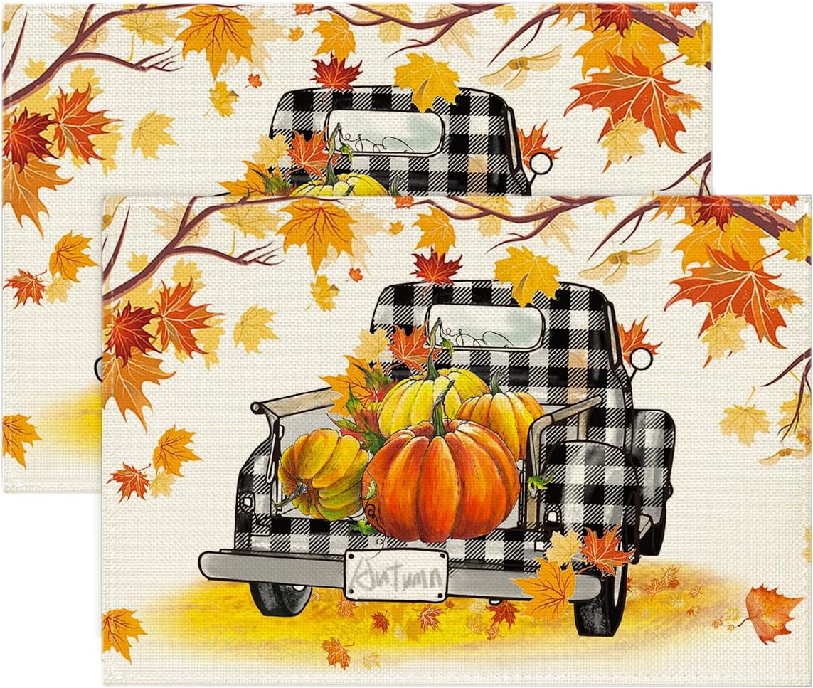 WISH TREE Maple Leaves Pumpkins Buffalo Plaid Truck Placemats Set of 6