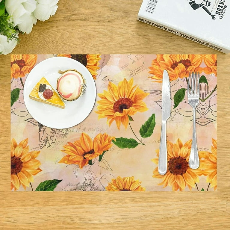 Farm Family Sunflower Cattle Sunflower on Old Car Placemats Set of 4 Heat  Resistant Non-Slip Place Mats for Dining Table, Washable Durable PVC Woven