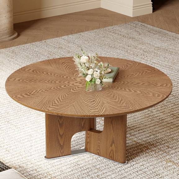 WISHDEER 31.5 Inches Round Rustic Ash Wood Veneer Coffee Table for Small Living Room