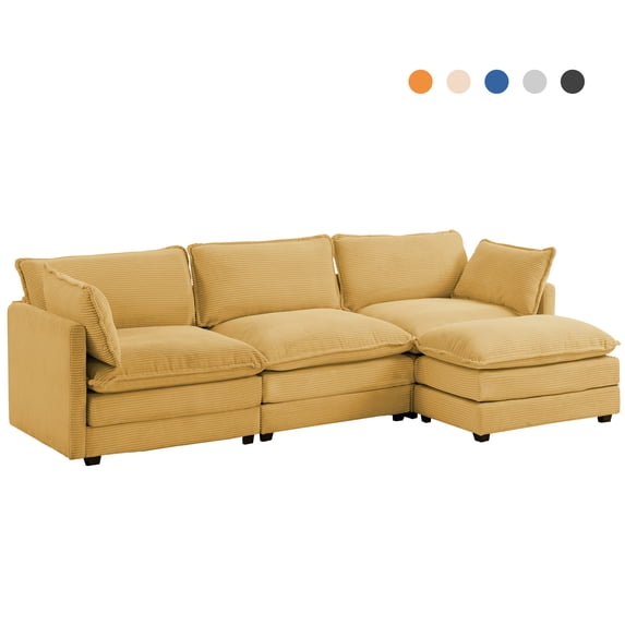 WISHEAD 112" L Shape Sectional Couches for Living Room,Corduroy Sectional Sofas Couches with 2 Movable Ottoman,high-density sponge (Yellow)