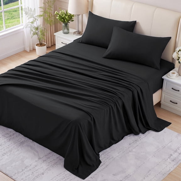 WISHEAD 4 Piece Queen Sheet Set, Deep Pocket Soft Bed Sheets, Breathable Cooling Bedding, Easy Care, Black