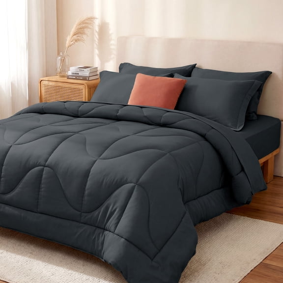WISHEAD 7 Piece Queen Comforter Set Bed in a Bag, Ultra Soft Bedding Sets with Sheets & Pillowcases, All Season Quilted Luxury Bedding, Dark Gray