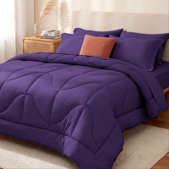 WISHEAD 7 Piece Queen Comforter Set Bed in a Bag, Ultra Soft Bedding Sets with Sheets & Pillowcases, All Season Quilted Luxury Bedding, Purple