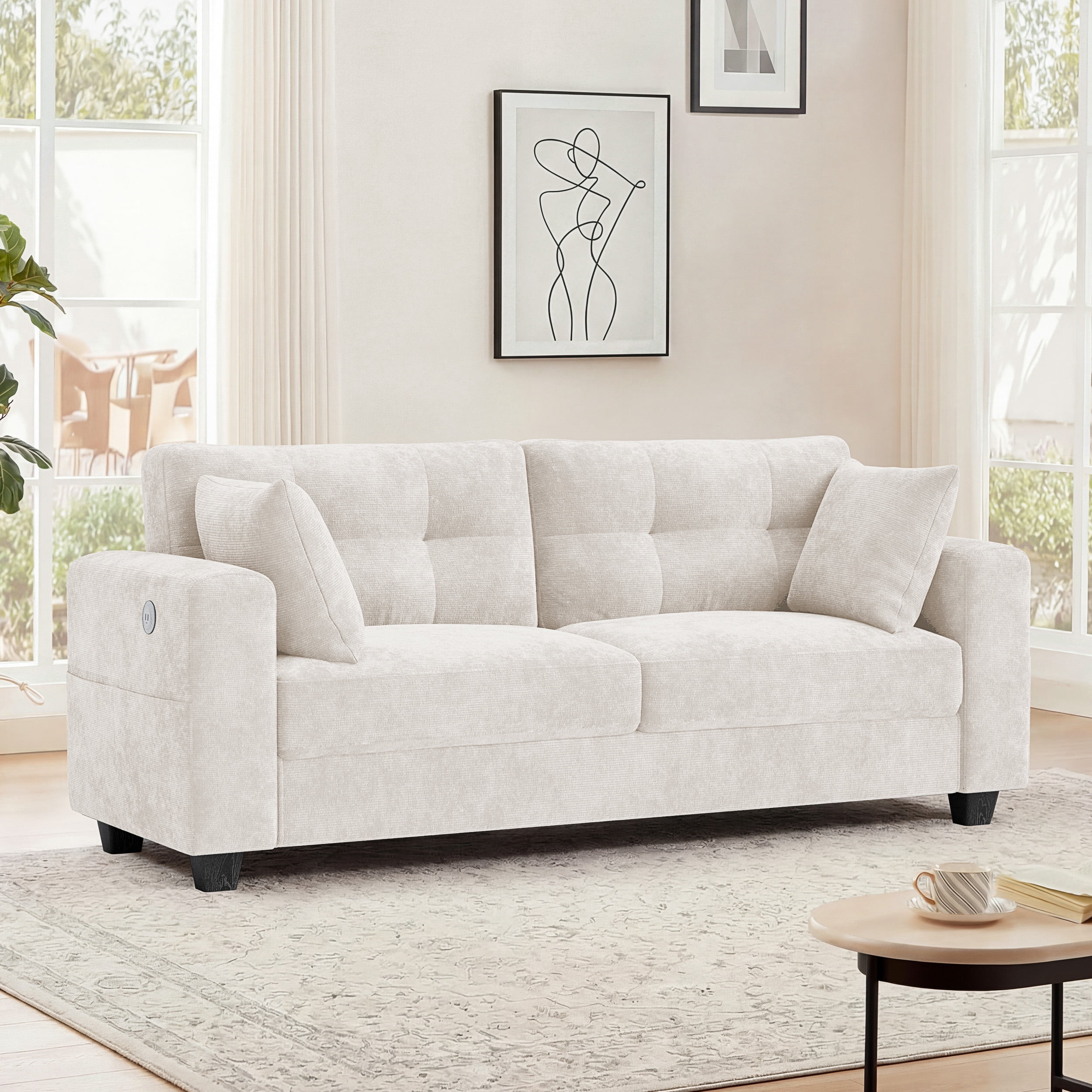 WISHEAD 70" Large 2 Seater Double Sofa Couch for Living Room, Office, Comfy Loveseat with USB Charging Port, 2 Pillows, Easy Assembly, Beige