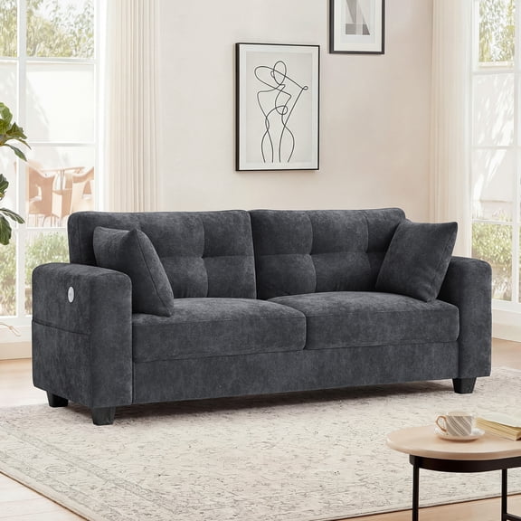 WISHEAD 70" Large 2 Seater Double Sofa Couch for Living Room, Office, Comfy Loveseat with USB Charging Port, 2 Pillows, Easy Assembly, Dark Gray