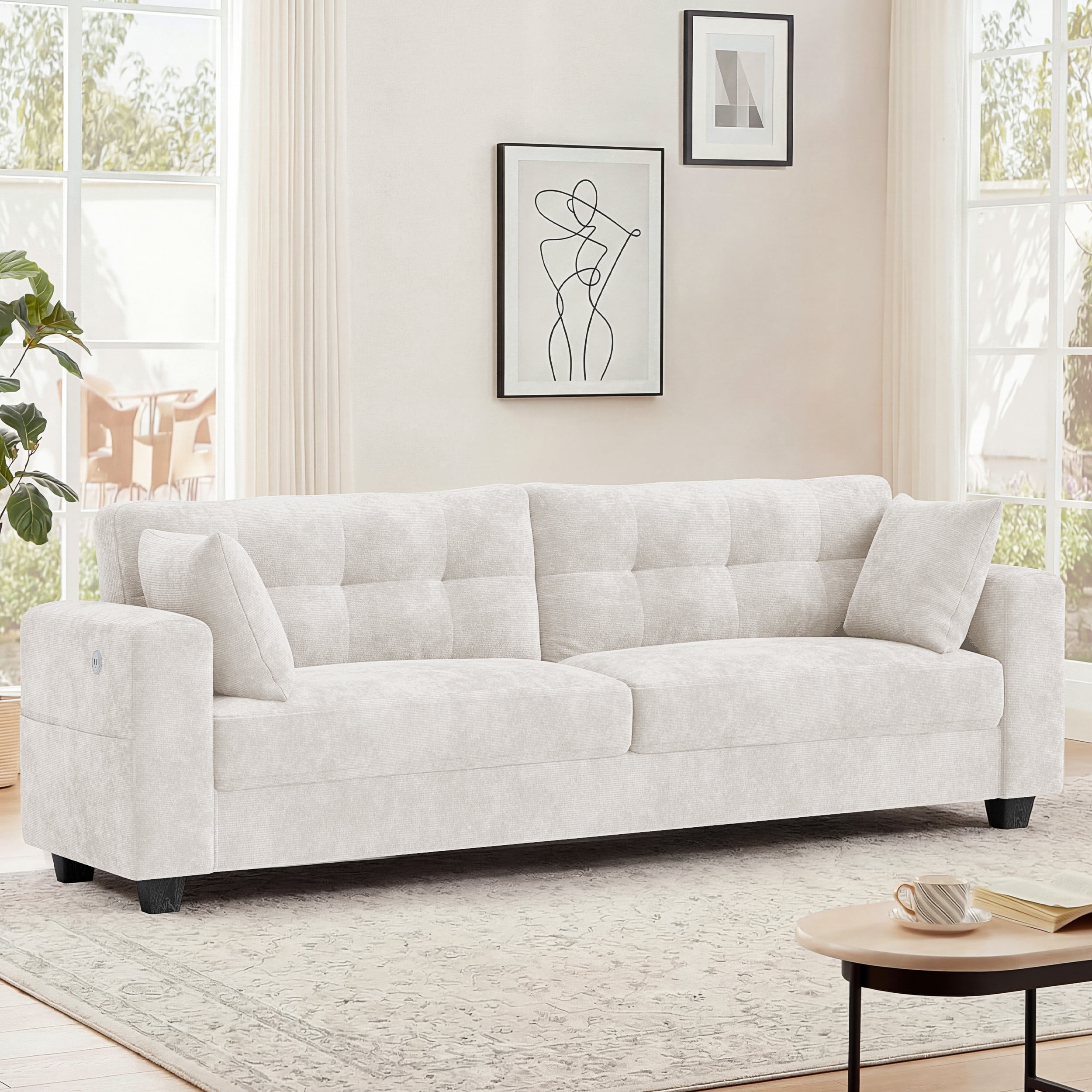 WISHEAD 87" Large 3 Seater Sofa Couch for Living Room, Office, Oversized Couches with Extra Deep Seat, USB Charging Port, 2 Pillows, Beige