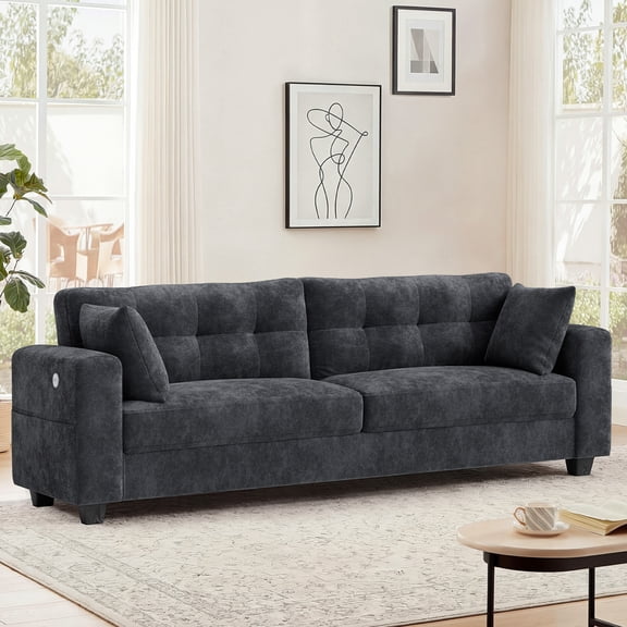 WISHEAD 87" Large 3 Seater Sofa Couch for Living Room, Office, Oversized Couches with Extra Deep Seat, USB Charging Port, 2 Pillows, Dark Gray