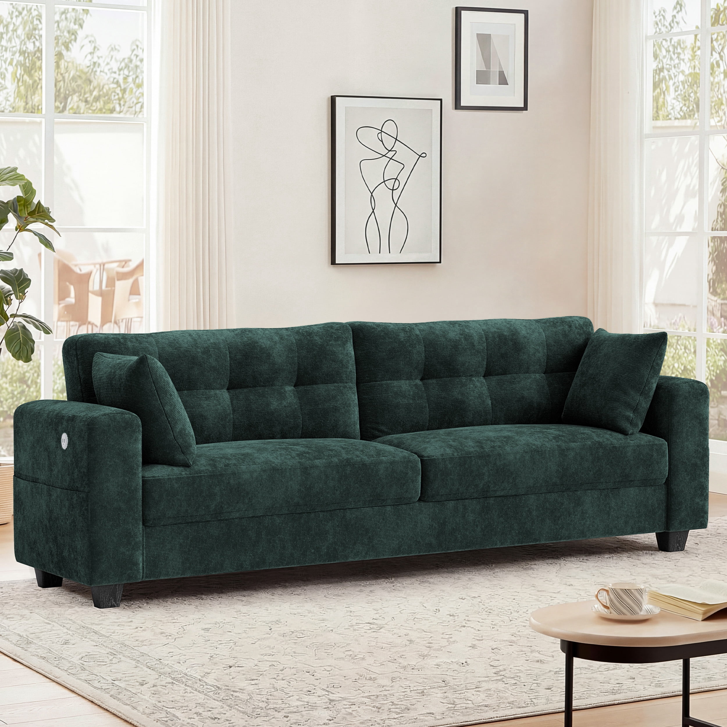 WISHEAD 87" Large 3 Seater Sofa Couch for Living Room, Office, Oversized Couches with Extra Deep Seat, USB Charging Port, 2 Pillows, Dark Green