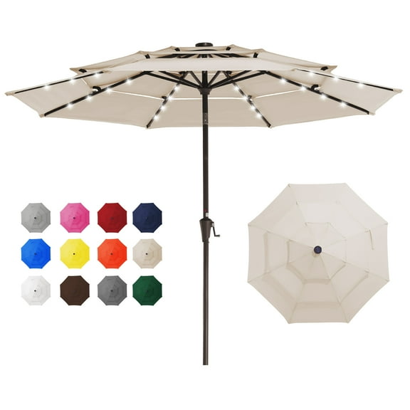 WISHEAD 9FT 3Tiers Solar Led Patio Umbrella, Sturdy Outdoor Market Umbrella for Deck, Pool, Garden w/Tilt, Crank, 32 LED Lights, White
