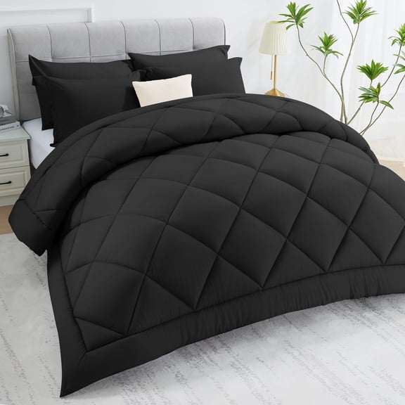 WISHEAD Comforter Queen Size All Season Soft Quilted Down Alternative Bedding Duvet Insert with Corner Tabs, Machine Washable, Black