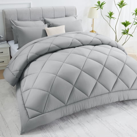 WISHEAD Comforter Queen Size All Season Soft Quilted Down Alternative Bedding Duvet Insert with Corner Tabs, Machine Washable, Light Grey