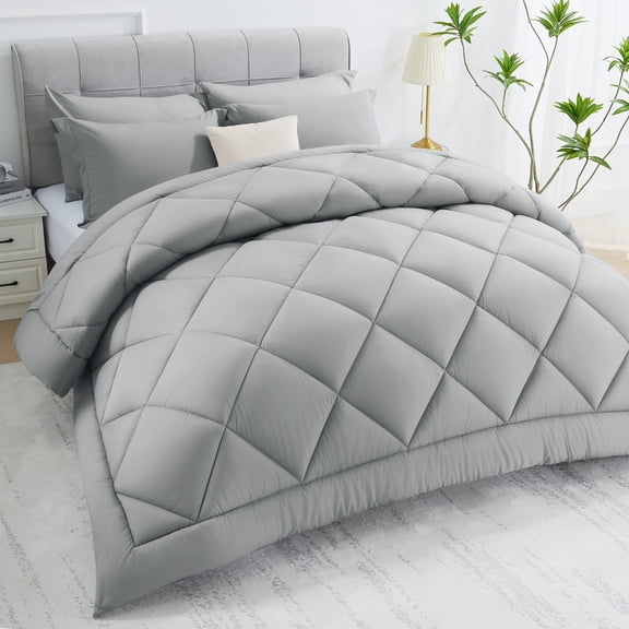 WISHEAD Comforter Twin Size All Season Soft Quilted Down Alternative Bedding Duvet Insert with Corner Tabs, Machine Washable, Light Grey