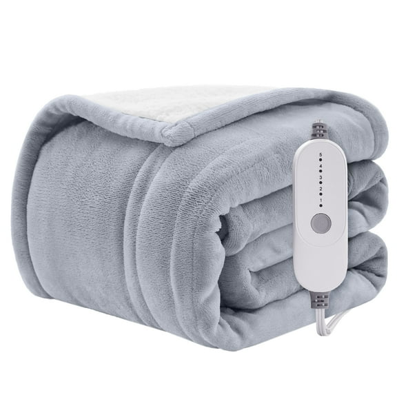 WISHEAD Electric Heated Blanket Queen Soft Flannel & Sherpa, 5 Heat Levels, 10 Hours Auto-Off Over-Heat Protection ETL Certification (84"x90", Light Gray)