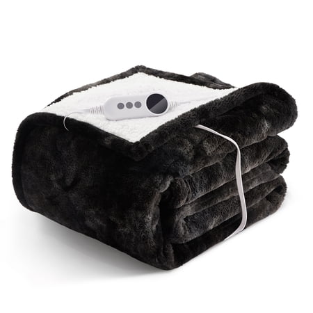 WISHEAD Electric Heated Blanket Throw 50''x60''Size Faux Fur Heating Blanket 5 Heating Settings, 3h Timer & Overheat Protection, Machine Washable, Soft Flannel and Sherpa Full Body Warmth,Black