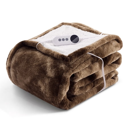 WISHEAD Electric Heated Blanket Throw 50''x60''Size Faux Fur Heating Blanket 5 Heating Settings, 3h Timer & Overheat Protection, Machine Washable, Soft Flannel and Sherpa Full Body Warmth,Brown