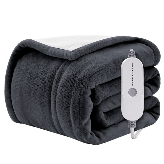 WISHEAD Electric Heated Blanket Throw Soft Flannel & Sherpa, 5 Heat Levels, 3 Hours Auto-Off Over-Heat Protection ETL Certification (50"x60", Drak Gray)