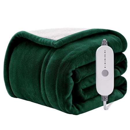 WISHEAD Electric Heated Blanket Throw Soft Flannel & Sherpa, 5 Heat Levels, 3 Hours Auto-Off Over-Heat Protection ETL Certification (50"x60", Green)