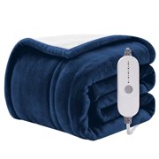 WISHEAD Electric Heated Blanket Throw Soft Flannel & Sherpa, 5 Heat Levels, 3 Hours Auto-Off Over-Heat Protection ETL Certification (50"x60", Navy)