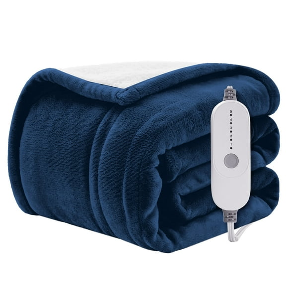 WISHEAD Electric Heated Blanket Throw Soft Flannel & Sherpa, 5 Heat Levels, 3 Hours Auto-Off Over-Heat Protection ETL Certification (50"x60", Navy)