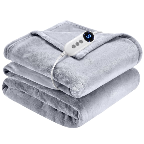 WISHEAD Electric Heated Throw Blanket with 9 Heat Levels & Auto Shut-Off, Plush Dual-Sided Flannel for Couch & Travel, Machine Washable, 50"x60", Light Gray