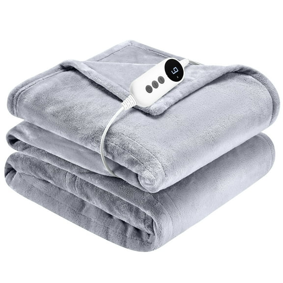 WISHEAD Electric Heated Throw Blanket with 9 Heat Levels & Auto Shut-Off, Plush Dual-Sided Flannel for Couch & Travel, Machine Washable, 50"x60", Light Gray