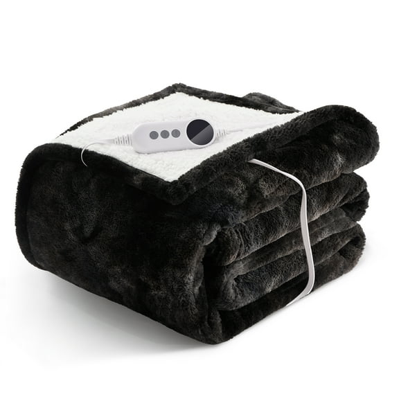 WISHEAD Electric Heated Blanket Twin 62''x84''Size Faux Fur Heating Blanket 5 Heating Settings, 10h Timer & Overheat Protection, Machine Washable, Soft Flannel and Sherpa Full Body Warmth,Black