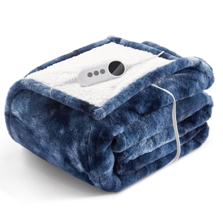 WISHEAD Electric Heated Blanket Twin 62''x84''Size Faux Fur Heating Blanket 5 Heating Settings, 10h Timer & Overheat Protection, Machine Washable, Soft Flannel and Sherpa Full Body Warmth,Royal Blue