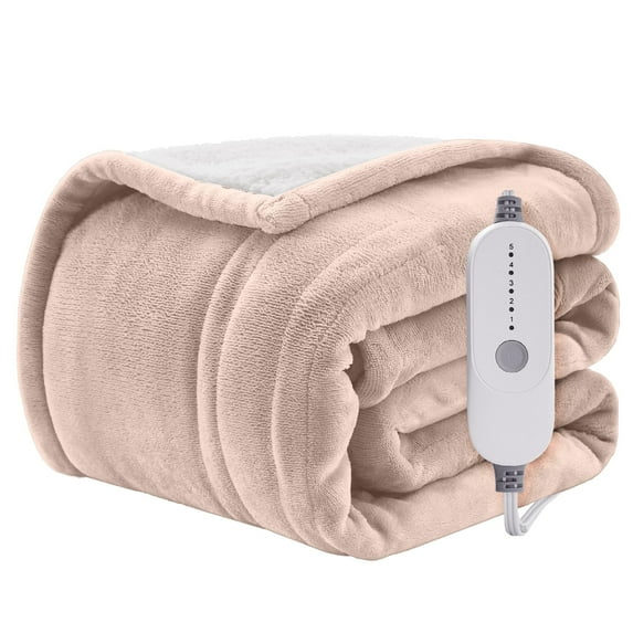 WISHEAD Electric Heated Blanket Twin Soft Flannel & Sherpa, 5 Heat Levels, 10 Hours Auto-Off Over-Heat Protection ETL Certification (62"x84", Beige)